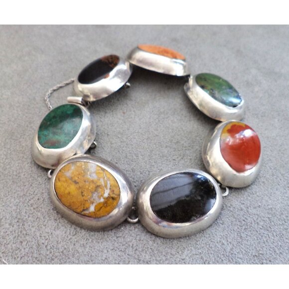 STERLING Silver GEMSTONE BRACELET Large Links Turquoise Onyx Jasper 7" TAXCO Vtg - Picture 1 of 7